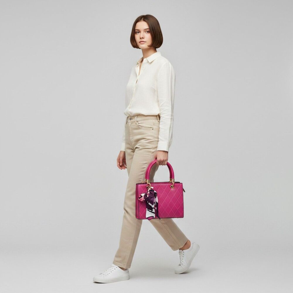 New Malibu Skye Fuchsia Pink Quilted Satchel Braided Handle Scarf
